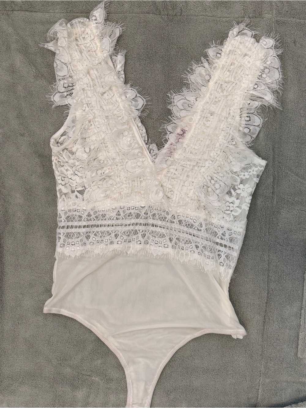 Lace Trim V-Neck White Women's Bodysuit